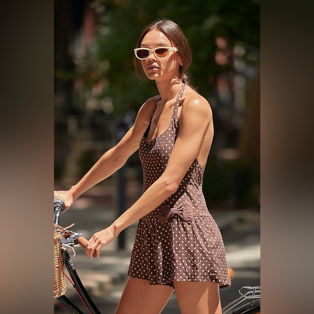 NWOT Free People High Strung Drop Waist Polka Dot Playsuit Romper Bow Brown Sz M